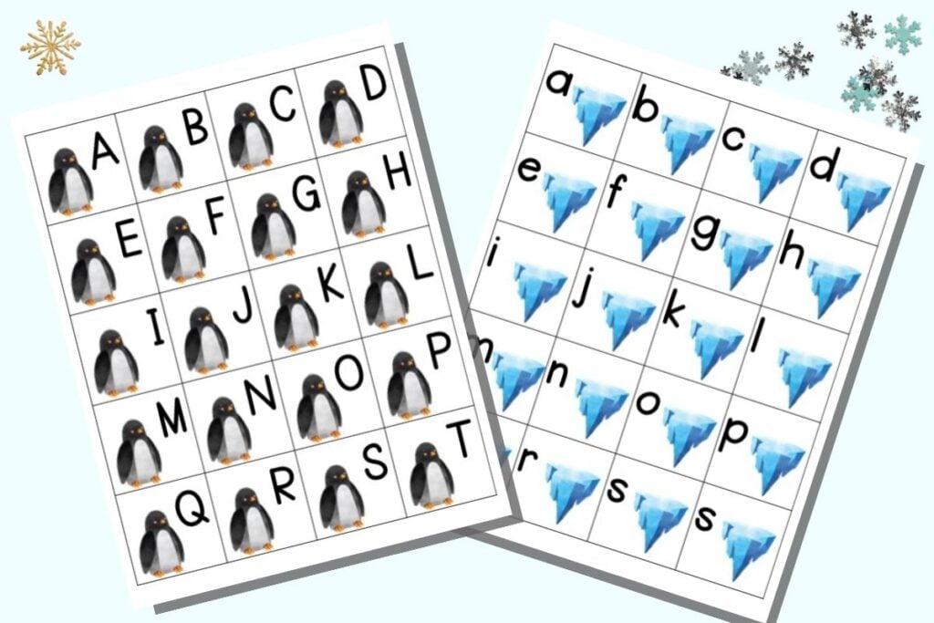 A preview of two free printable alphabet matching cards printable pages. Each page has 20 squares with the letters a-t. On the left is a page with a penguin on each card and uppercase letters. On the right is a page with an iceberg on each card and lowercase letters.