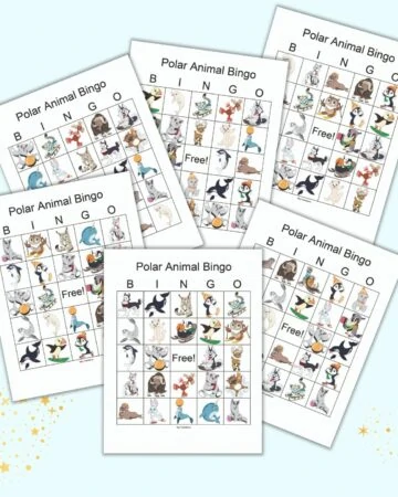 Six free printable polar animal bingo cards on a blue background. Each card has 24 cartoon polar animals and a central free space.