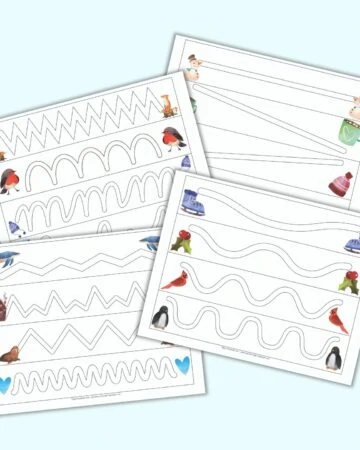 a flatlay mockup of four printable trace in the path worksheets for preschoolers. Each page has four paths to trace inside. A watercolor winter-related clip art image is on either side of each path.