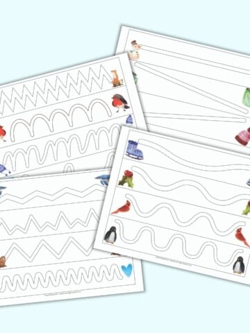 a flatlay mockup of four printable trace in the path worksheets for preschoolers. Each page has four paths to trace inside. A watercolor winter-related clip art image is on either side of each path.