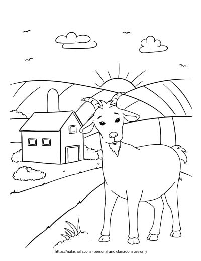 A preview of a farm coloring page with a goat standing near a barn with a silo. The sun is rising in the background.