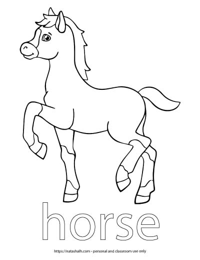 A child's coloring page with an image of a horse stepping high and the word "horse" in bubble letters to color