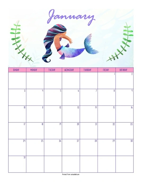 A free printable mermaid themed calendar page for January 2021. The page has a digital watercolor mermaid with two pieces of seaweed above the calendar, but below the text "January" in purple script.