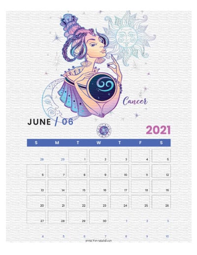 A printable monthly calendar page for June 2021 with a Cancer theme. The illustrations are pink, purple, and blue.