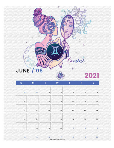 A printable monthly calendar page for June 2021 with a Gemini theme. The illustrations are pink, purple, and blue.