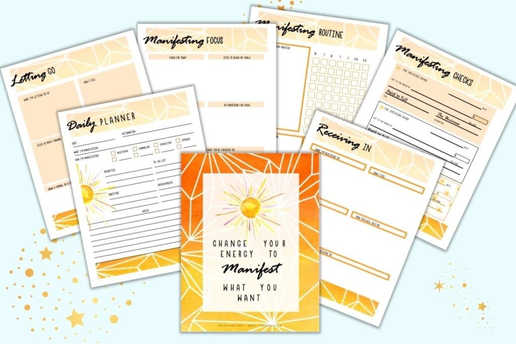 A flatlay mockup preview of a manifesting planner with handprinted watercolor graphics. The images are orange and feature a watercolor sun. Pages include a daily planner, letting go, manifesting focus, manifesting routine, manifesting checks, and receiving in