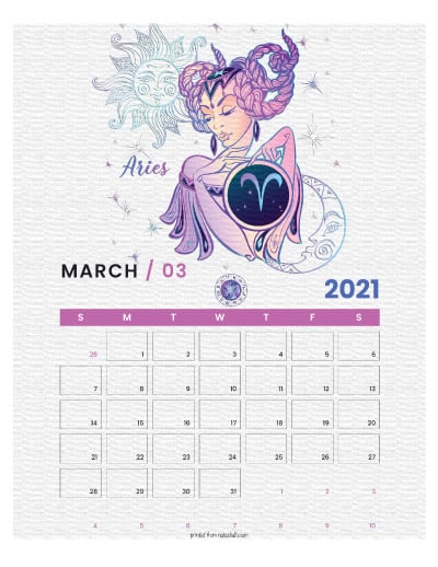 A printable monthly calendar page for March 2021 with an Aries theme. The illustrations are pink, purple, and blue.