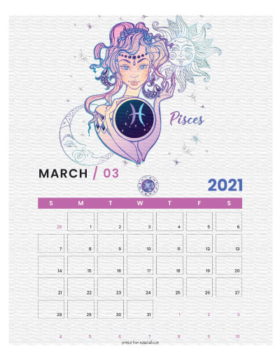 A printable monthly calendar page for March 2021 with a Pisces theme. The illustrations are pink, purple, and blue.
