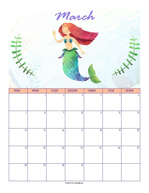 A printable March 2021 calendar with a mermaid theme. The page says "March" at the top in purple script. Below is a red haired mermaid with a green tail. She is between two green pieces of sea grass. Below is a dated March 2021 calendar. 