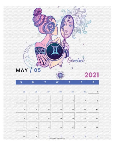 A printable monthly calendar page for May 2021 with a Gemini theme. The illustrations are pink, purple, and blue.