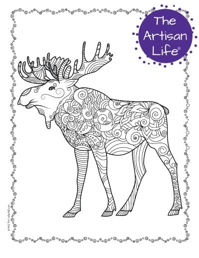 A preview of a moose coloring page for adults. The moose has hand drawn doodles to color and the page is bordered by a doodle frame. A purple round logo reading "the artisan life®" is in the corner.