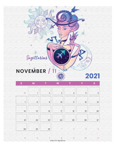 A printable monthly calendar page for November 2021 with a Sagittarius theme. The illustrations are pink, purple, and blue.