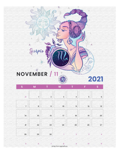 A printable monthly calendar page for November 2021 with a Scorpio theme. The illustrations are pink, purple, and blue.