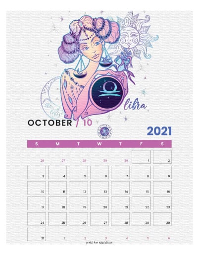 A printable monthly calendar page for October 2021 with a Libra theme. The illustrations are pink, purple, and blue.