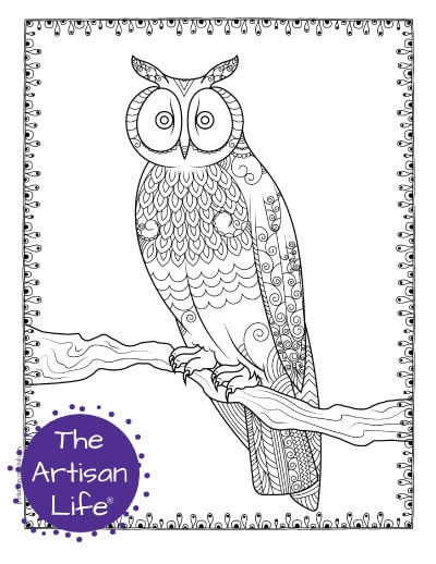 A preview of an owl coloring page for adults. The owl has hand drawn doodles to color and the page is bordered by a doodle frame. A purple round logo reading "the artisan life®" is in the corner.