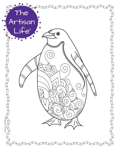 A preview of a cute penguin coloring page for adults. The penguin has hand drawn doodles to color and the page is bordered by a doodle frame. A purple round logo reading "the artisan life®" is in the corner.