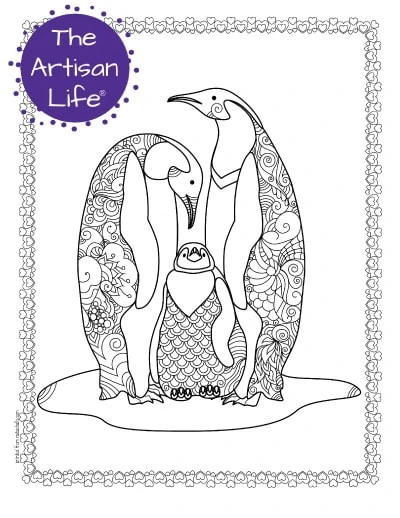 A preview of a family of three penguins coloring page for adults. The penguins have hand drawn doodles to color and the page is bordered by a doodle frame. A purple round logo reading "the artisan life®" is in the corner.