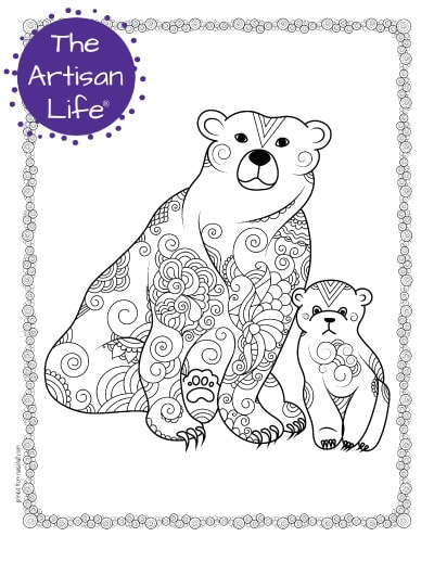 A preview of a mom and child polar bear coloring page for adults. The polar bears have hand drawn doodles to color and the page is bordered by a doodle frame. A purple round logo reading "the artisan life®" is in the corner.