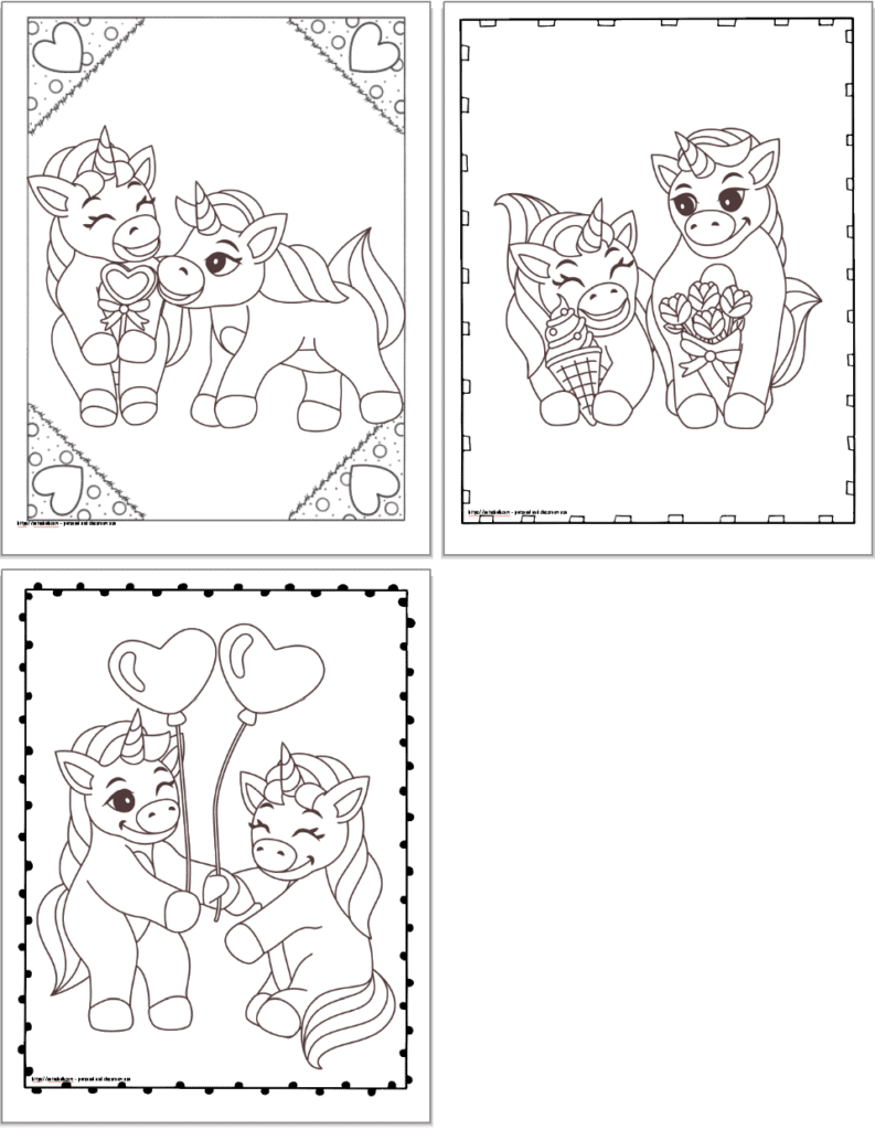 Three printable unicorn Valentine's day coloring pages with doodle frames. The pages show: a cute unicorn couple with a heart lollipop, ice cream and roses, and unicorns with heart balloons