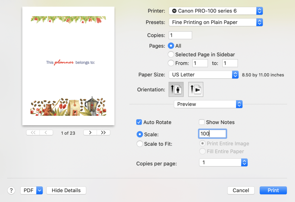 A screenshot of Mac Preview printing a Happy Planner page at 100% size