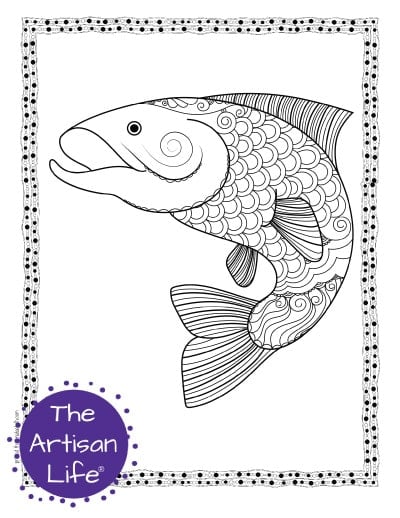 A preview of a salmon coloring page for adults. The large salmon has hand drawn doodles to color and the page is bordered by a doodle frame. A purple round logo reading "the artisan life®" is in the corner.