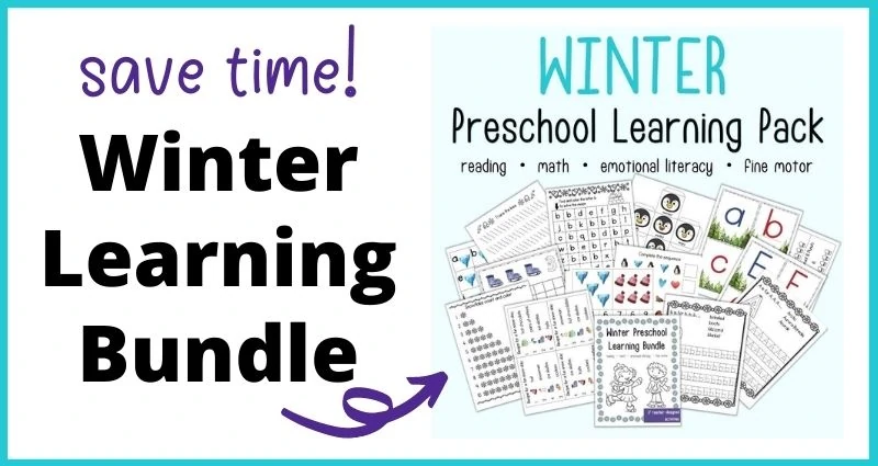text "save time! Winter learning bundle" with an arrow pointing at an image on a blue background with the head "winter preschool learning pack reading - math - emotional literacy - fine motor" above a preview of printable preschool worksheets with a winter theme.