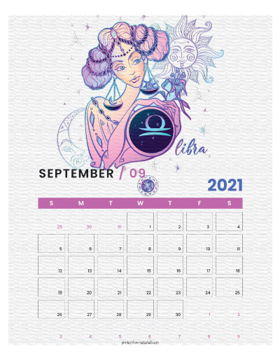 A printable monthly calendar page for September 2021 with a Libra theme. The illustrations are pink, purple, and blue.