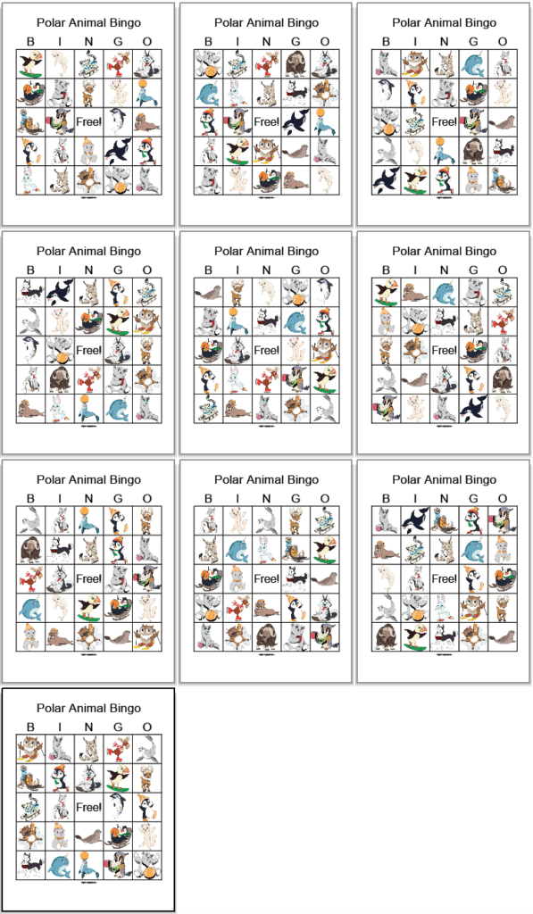 A 3x3 grid of printable picture bingo cards with a single card on the bottom row. Each card has 24 cartoon polar animals and a central free space. 