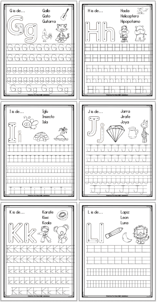 A 2x3 grid of 6 printable Spanish alphabet tracing pages with the letters g, h, i, j, k, and l, respectively. Each page has uppercase and lowercase letters to trace as well as correct letter formation graphics and clip art to color with spanish vocabulary.