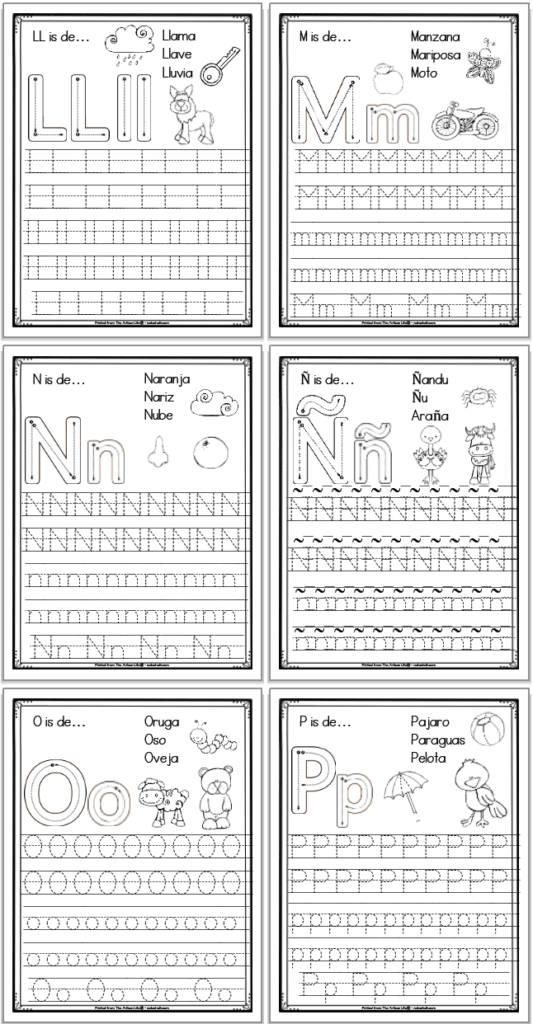 A 2x3 grid of 6 printable Spanish alphabet tracing pages with the letters ll, m, n, ñ, o, and p, respectively. Each page has uppercase and lowercase letters to trace as well as correct letter formation graphics and clip art to color with spanish vocabulary.