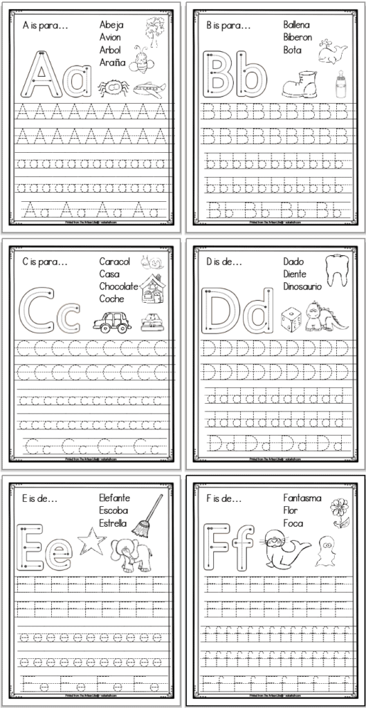 A 2x3 grid of 6 printable Spanish alphabet tracing pages with the letters a, b, c, d, e, and f, respectively. Each page has uppercase and lowercase letters to trace as well as correct letter formation graphics and clip art to color with spanish vocabulary.