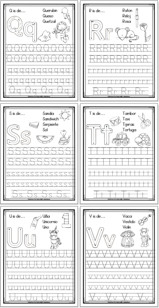 A 2x3 grid of 6 printable Spanish alphabet tracing pages with the letters q, r, s, t, u, and v, respectively. Each page has uppercase and lowercase letters to trace as well as correct letter formation graphics and clip art to color with spanish vocabulary.