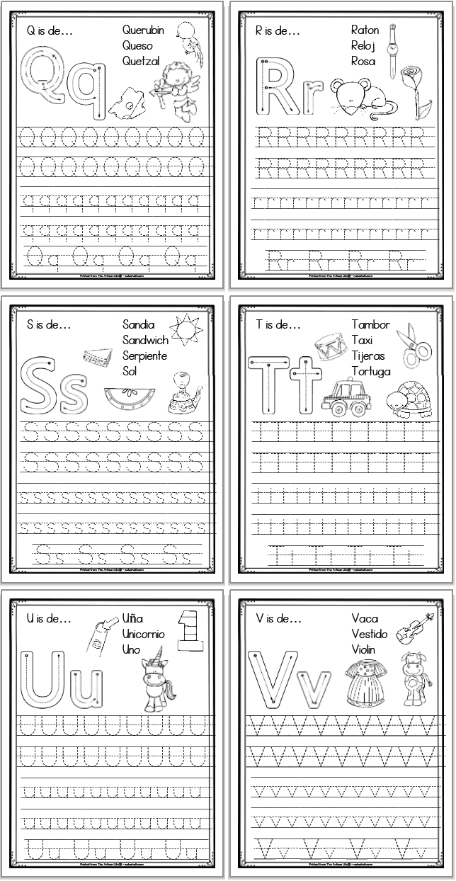 A 2x3 grid of 6 printable Spanish alphabet tracing pages with the letters q, r, s, t, u, and v, respectively. Each page has uppercase and lowercase letters to trace as well as correct letter formation graphics and clip art to color with spanish vocabulary.
