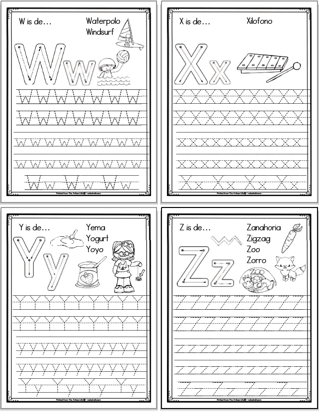 A 2x2 grid of 4 printable Spanish alphabet tracing pages with the letters, x, y, and z, respectively. Each page has uppercase and lowercase letters to trace as well as correct letter formation graphics and clip art to color with spanish vocabulary.