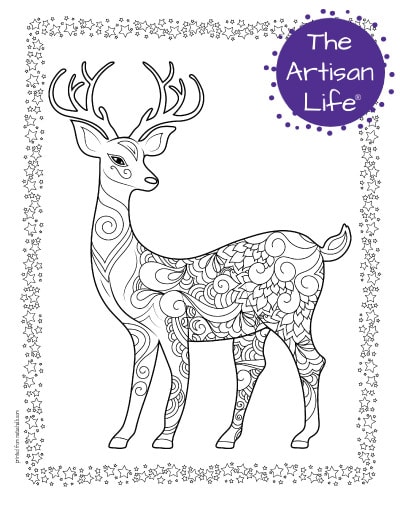 A preview of a stag coloring page for adults. The deer has antlers and has hand drawn doodles to color and the page is bordered by a doodle frame. A purple round logo reading "the artisan life®" is in the corner.