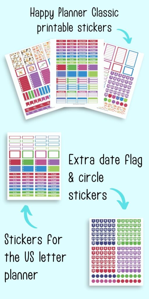 A preview of printable planner stickers for January with bright, cheerful colors. On top there are three sheets of stickers for Happy Planner Classic. Below is a page of functional planner stickers for letter sized planner printables and in the bottom right are date flags and circle stickers