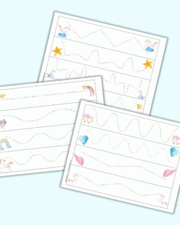 three printable unicorn prewriting practice pages. Each page has four rainbow dotted lines to trace and digital watercolor unicorn themed images