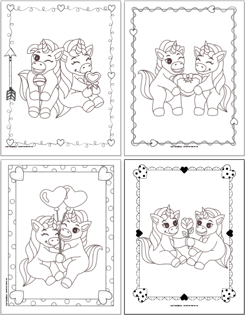 A 2x2 grid of printable Valentines unicorn coloring pages. Each page has a doodle frame. The first image has two unicorns with lollipops. The second image has unicorns holding a box of chocolates. The third image shows unicorns holding two heart balloons. The fourth image shows two unicorns holding a rose.