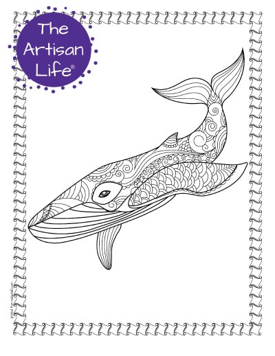 A preview of a whale coloring page for adults. The whale has hand drawn doodles to color and the page is bordered by a doodle frame. A purple round logo reading "the artisan life®" is in the corner.