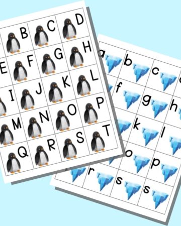 two printable alphabet matching cards. The front page has letters a-t in uppercase with a penguin on each card. Behind is a page with lowercase letters a-t and an iceberg on each page