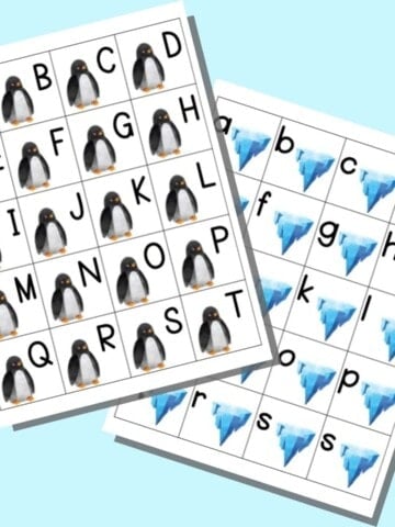 two printable alphabet matching cards. The front page has letters a-t in uppercase with a penguin on each card. Behind is a page with lowercase letters a-t and an iceberg on each page