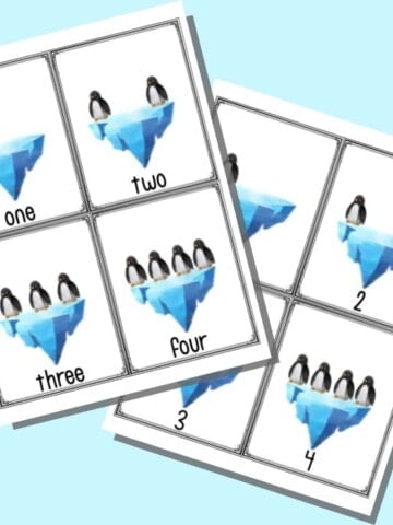 two pages of winter counting card printables. Each page has four cards with numbers 1-4. On one page the numbers are written out. On the page behind numerals are given, instead.