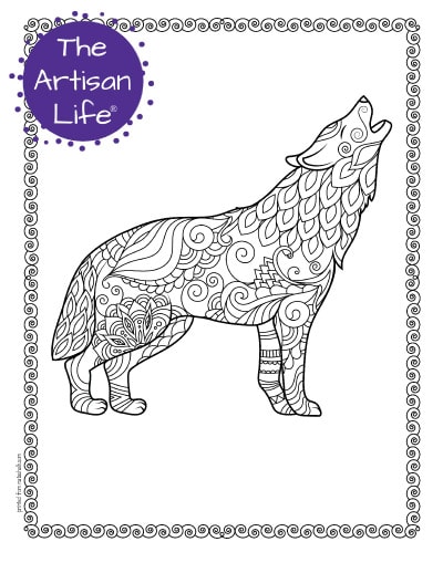 A preview of a howling wolf coloring page for adults. The wolf has hand drawn doodles to color and the page is bordered by a doodle frame. A purple round logo reading "the artisan life®" is in the corner.