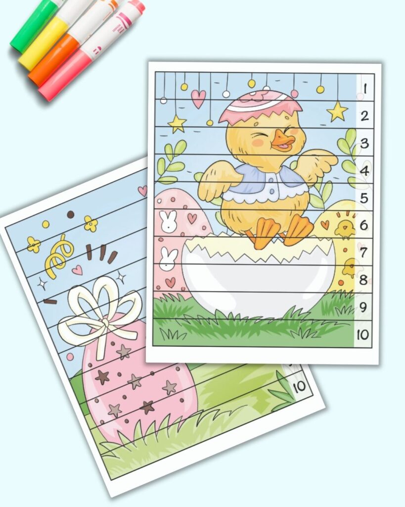 Two printable Easter themed number building puzzles with the pieces and the numbers 1-10. The page in front has a cute duck jumping out of an egg. The page behind has a large egg in a field.