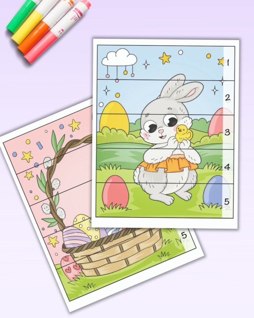 Two printable Easter themed number building puzzles with five pieces and the numbers 1-5. 