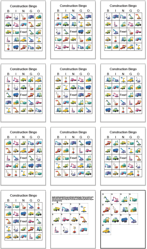 A 3x4 grid showing 10 construction vehicle bingo cards and two call cards