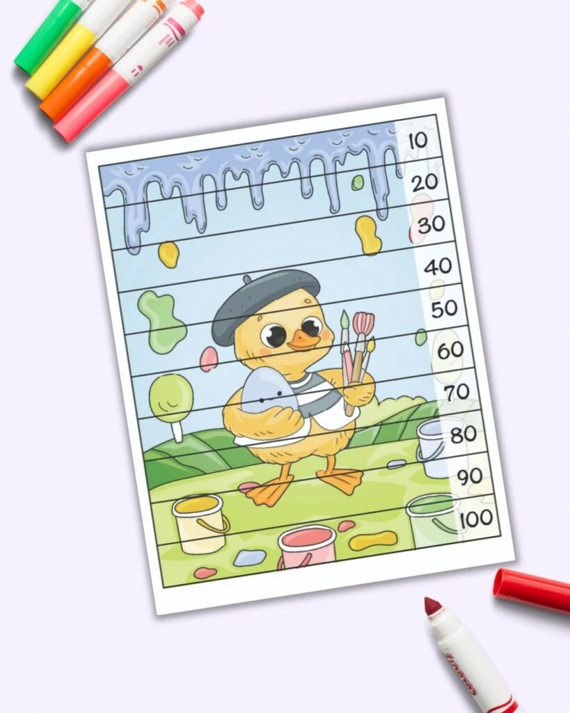 An Easter themed number building puzzle with numbers 10-100 skip counting by 10s. The background picture has a cute artist duck with a beret and paints to paint Easter eggs.