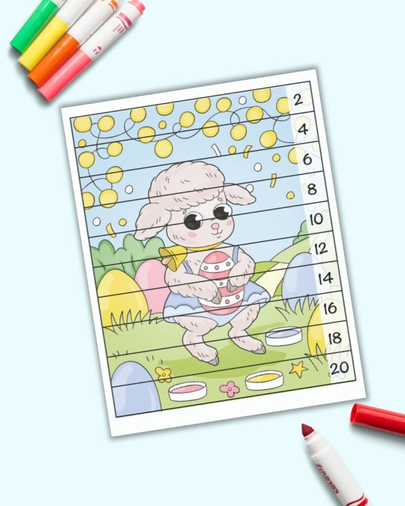 An Easter themed number building puzzle with numbers 2-20 skip counting by 2s. The background image has an Easter lamb holding an egg.