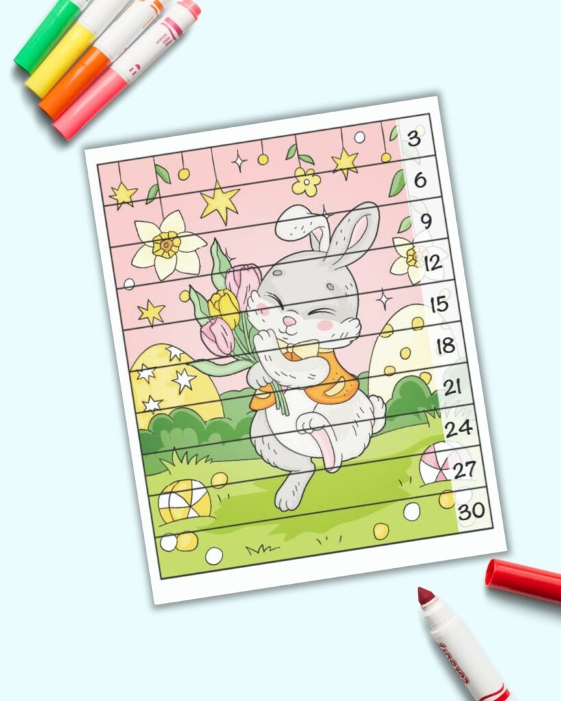 An Easter themed number building puzzle with numbers 3-30 skip counting by 3s. The background image as an Easter bunny carrying tulips