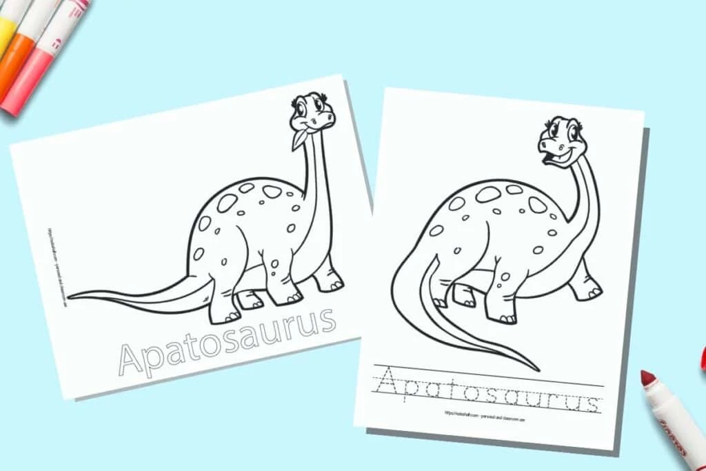 Two printable coloring pages for children. Each page has an Apatosaurus to color with the name written beneath. One name is in bubble letters to color, on the other page the letter is in a dotted font on handwriting guides to trace. The pages are on a blue background with colorful children's markers. 